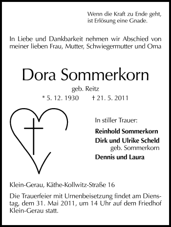 Traueranzeige von Erika Sommerkorn von Darmstädter Echo, Odenwälder Echo, Rüsselsheimer Echo, Groß-Gerauer-Echo, Ried Echo