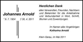 Traueranzeige von Johannes Arnold von Rüsselsheimer Echo, Groß-Gerauer-Echo, Ried Echo