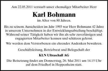 Traueranzeige von Karl Bohmann von Starkenburger Echo