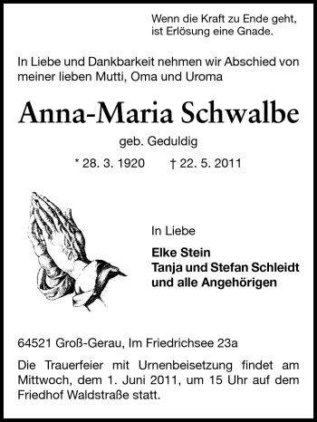 Traueranzeige von Anna-Maria Schwalbe von Rüsselsheimer Echo, Groß-Gerauer-Echo, Ried Echo