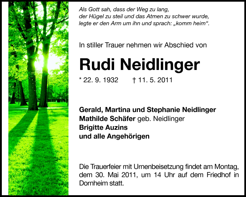  Traueranzeige für Rudi Neidinger vom 27.05.2011 aus Rüsselsheimer Echo, Groß-Gerauer-Echo, Ried Echo