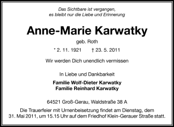 Traueranzeige von Anne-Marie Karwatky von Rüsselsheimer Echo, Groß-Gerauer-Echo, Ried Echo
