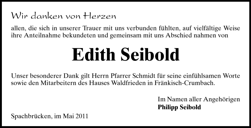 Traueranzeige für Edith Seibold vom 28.05.2011 aus Darmstädter Echo, Odenwälder Echo, Rüsselsheimer Echo, Groß-Gerauer-Echo, Ried Echo