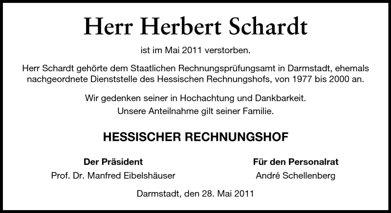  Traueranzeige für Herbert Schardt vom 28.05.2011 aus Echo-Zeitungen (Gesamtausgabe)
