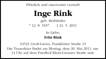 Traueranzeige von Inge Rink von Rüsselsheimer Echo, Groß-Gerauer-Echo, Ried Echo