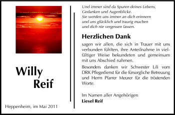 Traueranzeige von Willy Reif von Starkenburger Echo, Bergsträßer Anzeiger