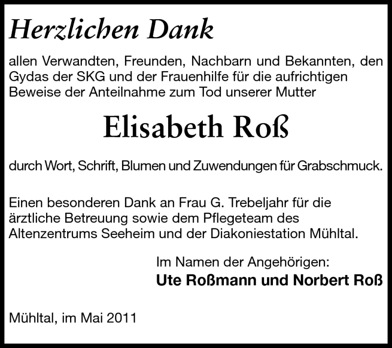  Traueranzeige für Elisabeth Roß vom 28.05.2011 aus Echo-Zeitungen (Gesamtausgabe)
