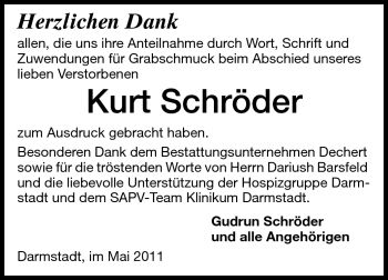 Traueranzeige von Kurt Schröder von Darmstädter Echo, Odenwälder Echo, Rüsselsheimer Echo, Groß-Gerauer-Echo, Ried Echo