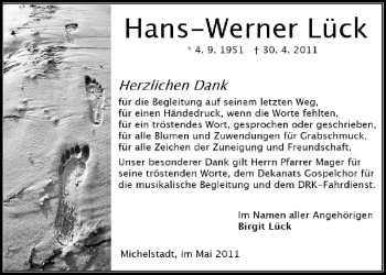 Traueranzeige von Hans-Werner Lück von Odenwälder Echo