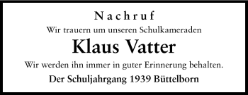 Traueranzeige von Klaus Vatter von Rüsselsheimer Echo, Groß-Gerauer-Echo, Ried Echo