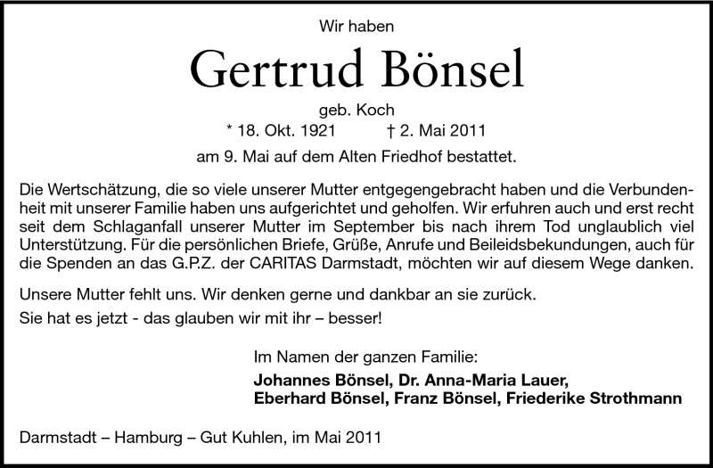  Traueranzeige für Gertrud Bönsel vom 28.05.2011 aus Echo-Zeitungen (Gesamtausgabe)