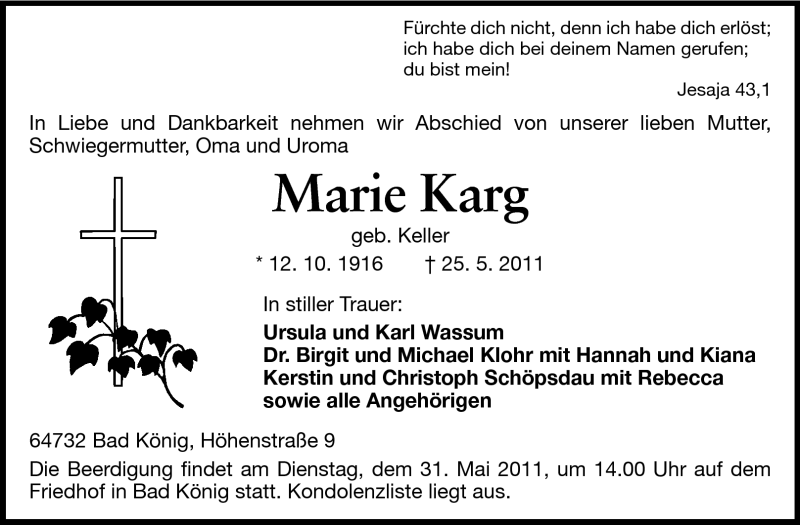  Traueranzeige für Marie Karg vom 28.05.2011 aus Odenwälder Echo