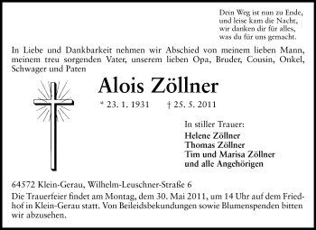 Traueranzeige von Alois Zöllner von Rüsselsheimer Echo, Groß-Gerauer-Echo, Ried Echo