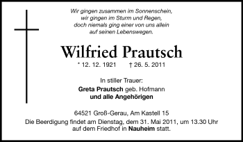 Traueranzeige von Wilfried Prautsch von Rüsselsheimer Echo, Groß-Gerauer-Echo, Ried Echo