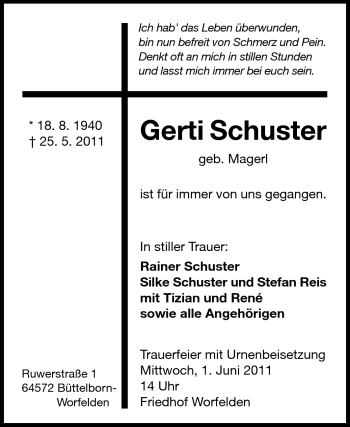 Traueranzeige von Gerti Schuster von Darmstädter Echo, Odenwälder Echo, Rüsselsheimer Echo, Groß-Gerauer-Echo, Ried Echo