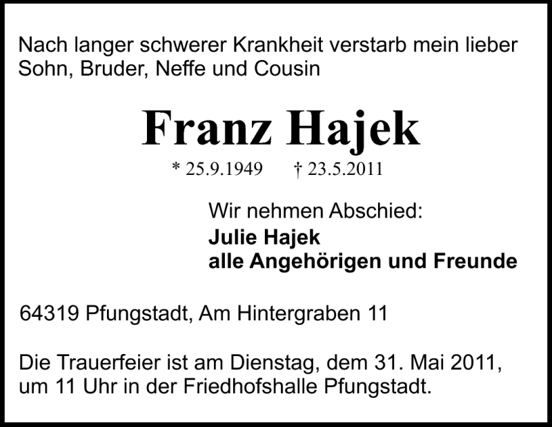  Traueranzeige für Franz Hajek vom 28.05.2011 aus Echo-Zeitungen (Gesamtausgabe)