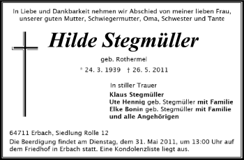 Traueranzeige von Hilde Stegmüller von Odenwälder Echo
