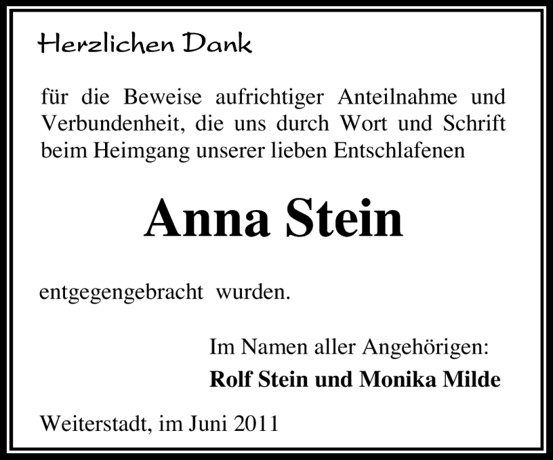  Traueranzeige für Anna Stein vom 04.06.2011 aus Echo-Zeitungen (Gesamtausgabe)