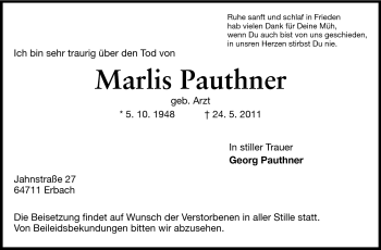 Traueranzeige von Marlies Pauthner von Odenwälder Echo