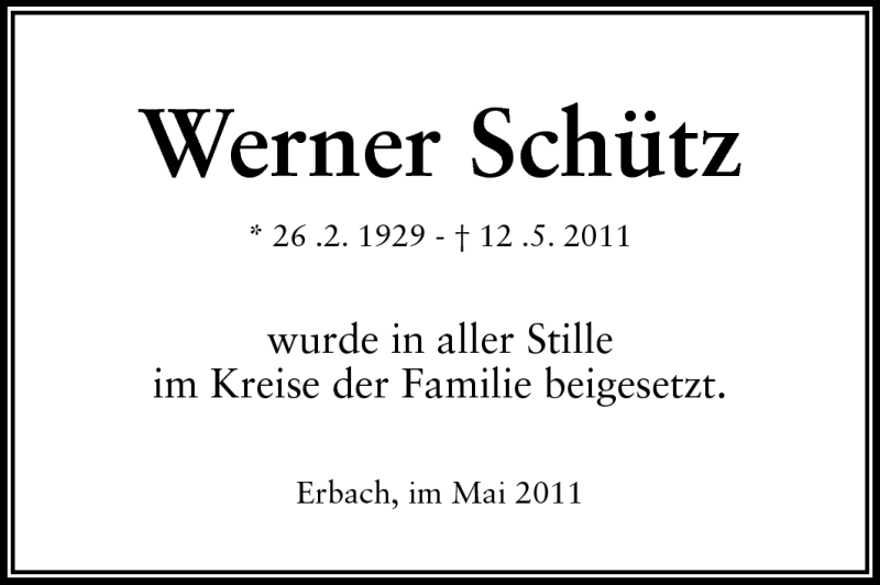  Traueranzeige für Werner Schütz vom 30.05.2011 aus Odenwälder Echo
