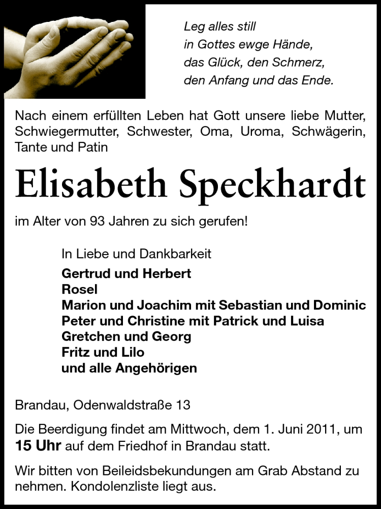  Traueranzeige für Elisabeth Speckhardt vom 30.05.2011 aus Echo-Zeitungen (Gesamtausgabe)