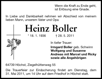 Traueranzeige von Heinz Boller von Odenwälder Echo