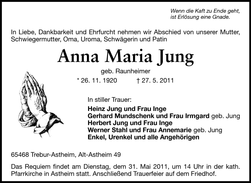  Traueranzeige für Anna Maria Jung vom 30.05.2011 aus Rüsselsheimer Echo, Groß-Gerauer-Echo, Ried Echo