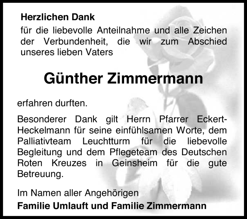  Traueranzeige für Günther Zimmermann vom 04.06.2011 aus Rüsselsheimer Echo, Groß-Gerauer-Echo, Ried Echo