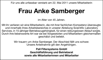Traueranzeige von Anke Samberger von Echo-Zeitungen (Gesamtausgabe)