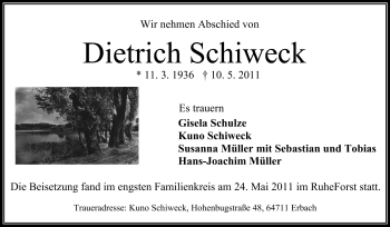 Traueranzeige von Dietrich Schiweck von Odenwälder Echo