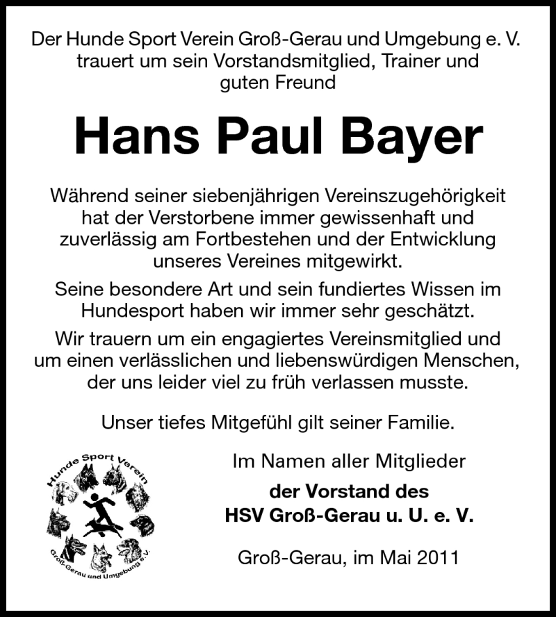  Traueranzeige für Hans Paul Bayer vom 01.06.2011 aus Rüsselsheimer Echo, Groß-Gerauer-Echo, Ried Echo