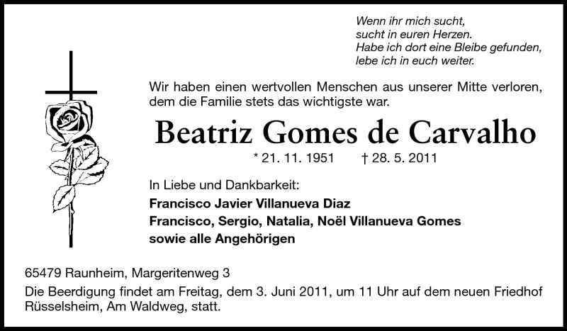  Traueranzeige für Beatriz Gomes de Carvalho vom 31.05.2011 aus Rüsselsheimer Echo, Groß-Gerauer-Echo, Ried Echo