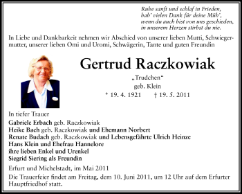 Traueranzeige von Gertrud Raczkowiak von Odenwälder Echo