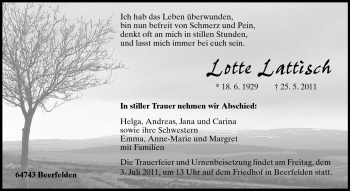 Traueranzeige von Lotte Lattisch von Odenwälder Echo