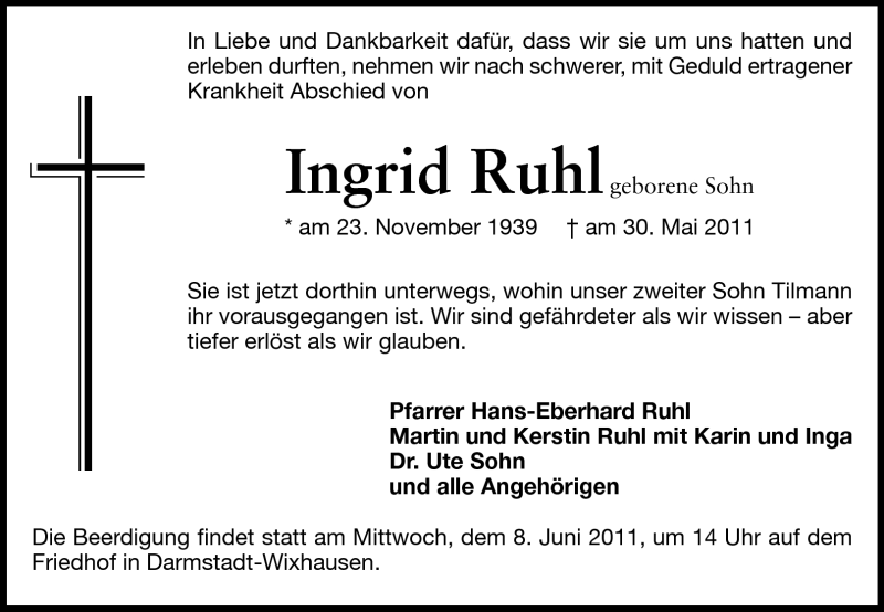  Traueranzeige für Ingrid Ruhl vom 04.06.2011 aus Echo-Zeitungen (Gesamtausgabe)