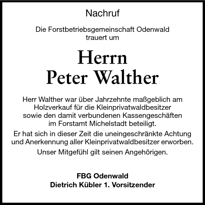  Traueranzeige für Peter Walther vom 01.06.2011 aus Odenwälder Echo