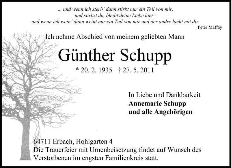  Traueranzeige für Günther Schupp vom 01.06.2011 aus Odenwälder Echo
