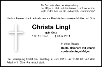Traueranzeige von Christa Lingl von Echo-Zeitungen (Gesamtausgabe)