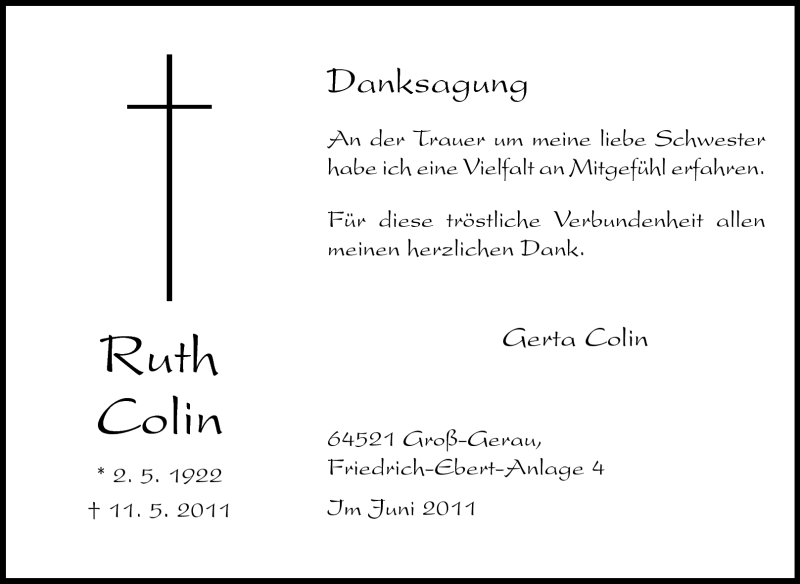  Traueranzeige für Ruth Colin vom 04.06.2011 aus Rüsselsheimer Echo, Groß-Gerauer-Echo, Ried Echo