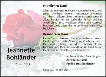 Traueranzeige von Jeannette Bohländer von Echo-Zeitungen (Gesamtausgabe)