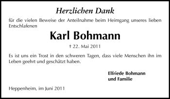 Traueranzeige von Karl Bohmann von Starkenburger Echo