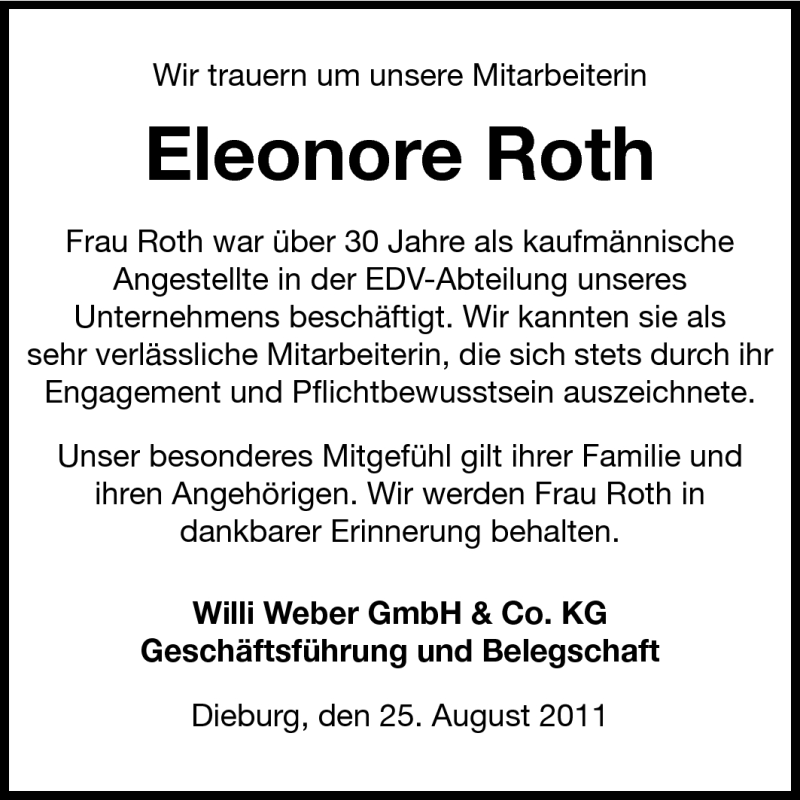  Traueranzeige für Eleonore Roth vom 27.08.2011 aus Echo-Zeitungen (Gesamtausgabe)