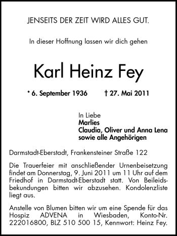 Traueranzeige von Karl Heinz Fey von Echo-Zeitungen (Gesamtausgabe)