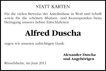 Traueranzeige von Alfred Duscha von Rüsselsheimer Echo, Groß-Gerauer-Echo, Ried Echo