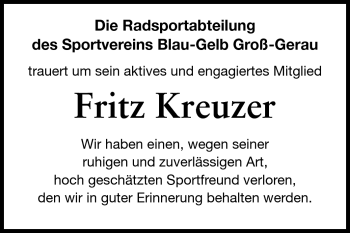 Traueranzeige von Fritz Kreuzer von Rüsselsheimer Echo, Groß-Gerauer-Echo, Ried Echo
