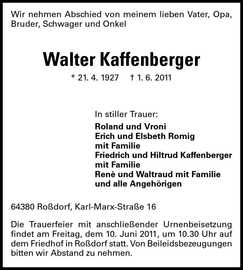 Traueranzeige für Walter Kaffenberger vom 07.06.2011 aus Echo-Zeitungen (Gesamtausgabe)