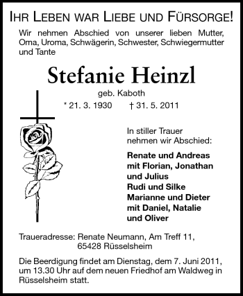 Traueranzeige von Stefanie Heinzl von Rüsselsheimer Echo, Groß-Gerauer-Echo, Ried Echo
