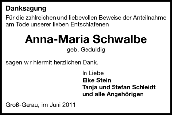 Traueranzeige von Anna-Maria Schwalbe von Rüsselsheimer Echo, Groß-Gerauer-Echo, Ried Echo