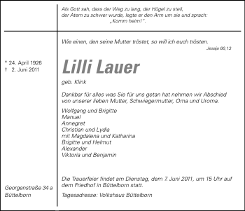 Traueranzeige von Lilli Lauer von Rüsselsheimer Echo, Groß-Gerauer-Echo, Ried Echo