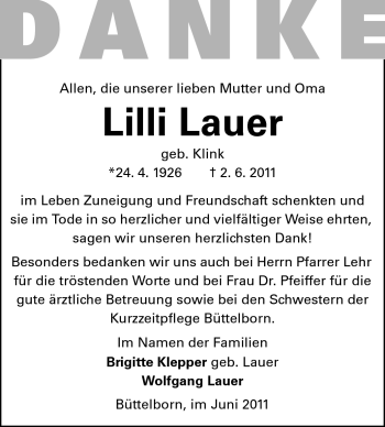 Traueranzeige von Lilli Lauer von Darmstädter Echo, Odenwälder Echo, Rüsselsheimer Echo, Groß-Gerauer-Echo, Ried Echo